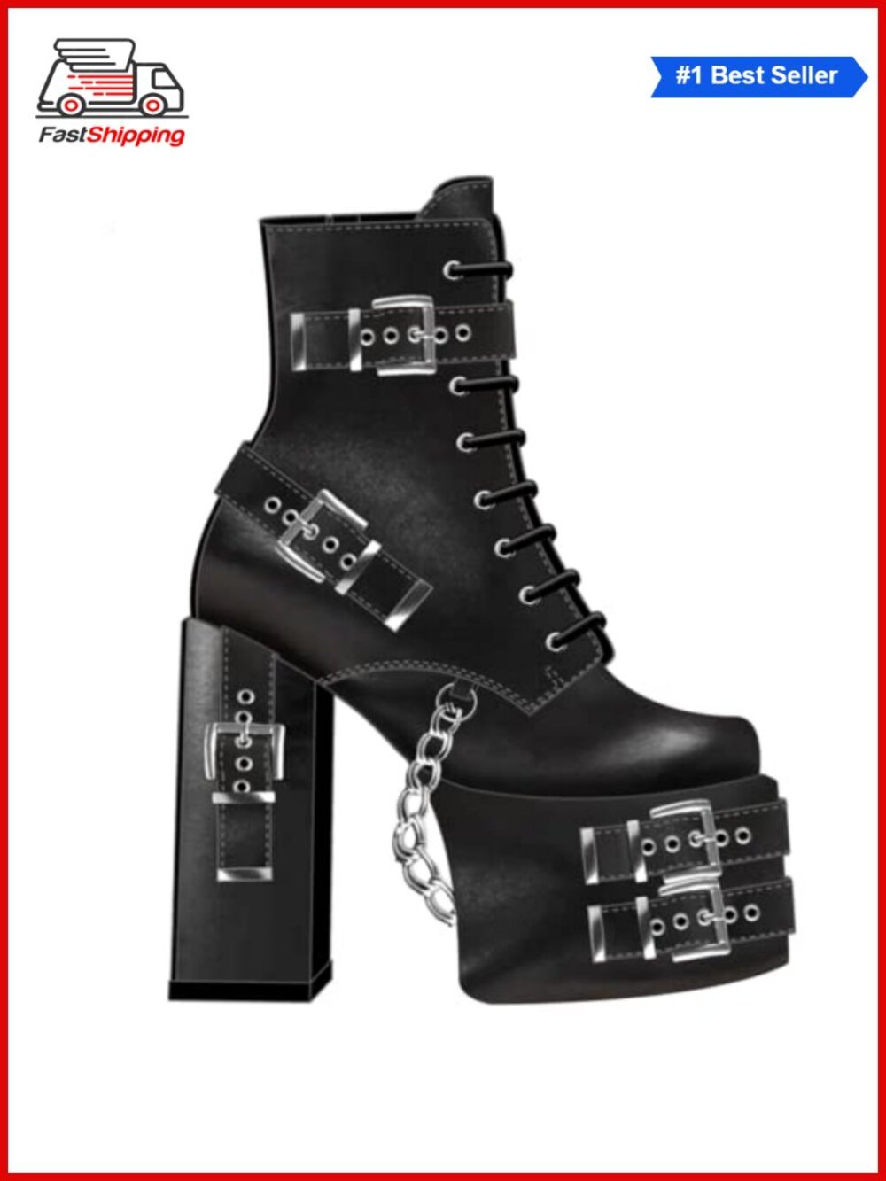 Gothic Platform Lace-Up Ankle Boots Faux Leather Chunky Heel Alt